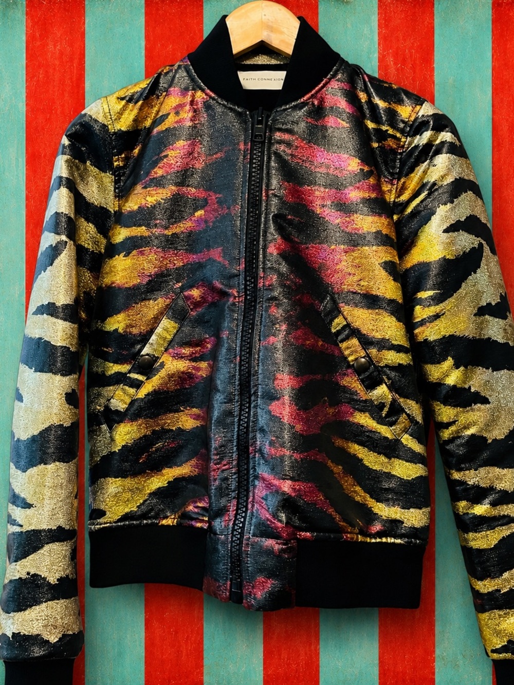 Faith Connexion Reversible Black, Gold & Pink Metallic Tiger-Print Bomber Jacket